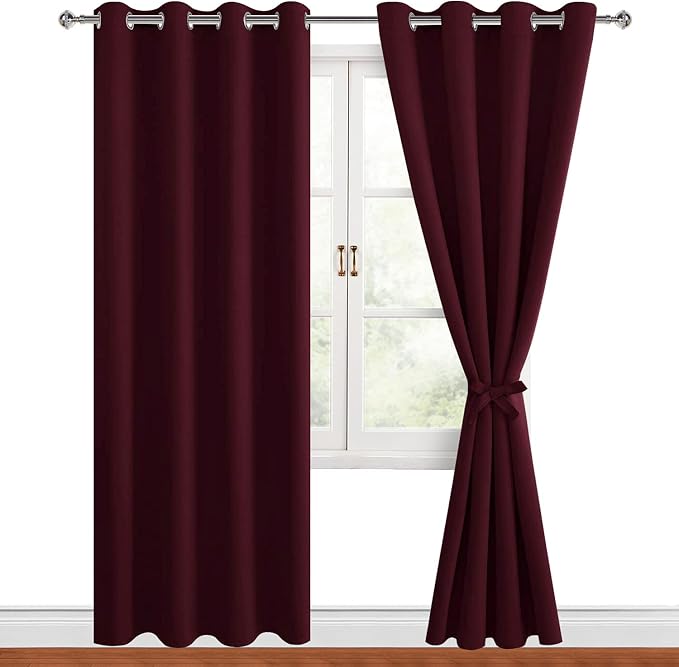 Hiasan Blackout Curtains for Bedroom, 52 x 84 Inches Long - Thermal Insulated & Light Blocking Window Curtains for Living Room Christmas Decor, 2 Drape Panels Sewn with Tiebacks, Burgundy