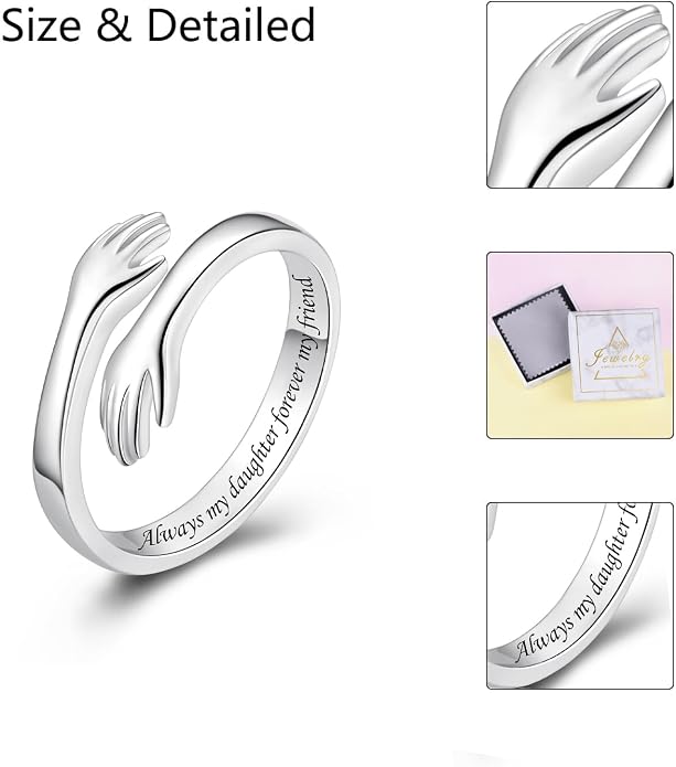 S925 Sterling Silver Hug Rings for Women Teen Girls Adjustable Ring for Granddaughter Daughter Hope Promise Friendship Hand Ring Jewelry for Birthday Graduation Christmas Mothers Day Valentines Gifts