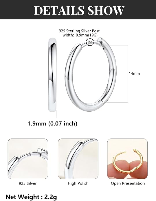 Silvora 14K Gold Plated Huggie Hoop Earrings for Women, Small Sterling Silver Hoops, Hypoallergenic Cartilage Earrings for Sensitive Ears 8/10/12/14/16/18/20MM