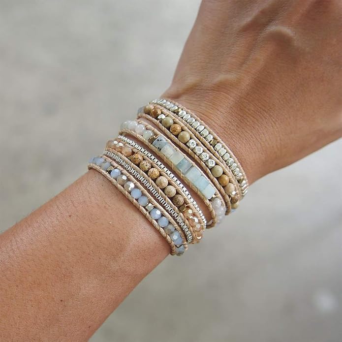 Plumiss Women Boho Handmade Natural Stone Crystal Leather Bead Wrap Bracelets Collection