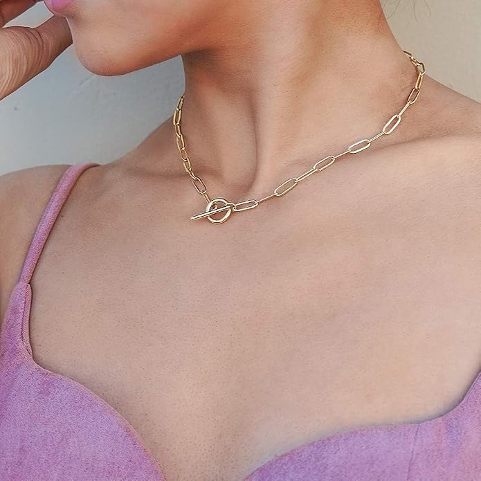 Lauren Paperclip Bolo Necklace Layered Stacked Paper-clip Link for Women Adjustable Lobster Clasp Gold Plated Stainless Steel Link Charm Chain(16"/20"/24")