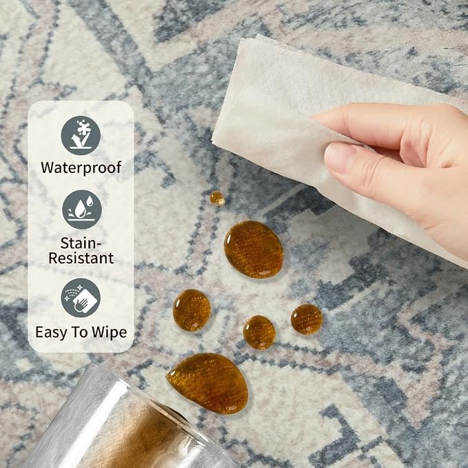 Rugxara Blue 6x9 Area Rugs Washable Rug for Living Room Dining Room Bedroom | Non Slip, Rug for Office Farmhouse Kids Room, Stain Resistant, Soft, Low Pile, Vintage Boho Floral Retro Carpet, Home Decor