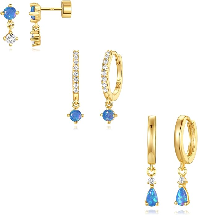 Angelady Opal Earrings Set for Women, Hypoallergenic S925 Sun Stud Earring for Sensitive Ears, Dainty Hoop Huggie Silver Opal Dangle Earring Stacks, Blue Earrings for Women Trendy 2025
