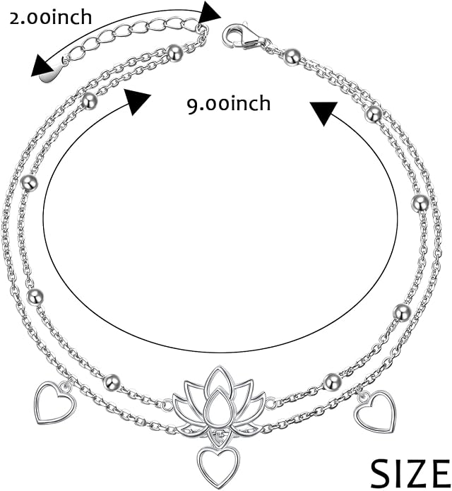 Flyow Anklet for Women S925 Sterling Silver Adjustable Foot Beaded Heart Charm Ankle Bracelet Anklets Jewelry