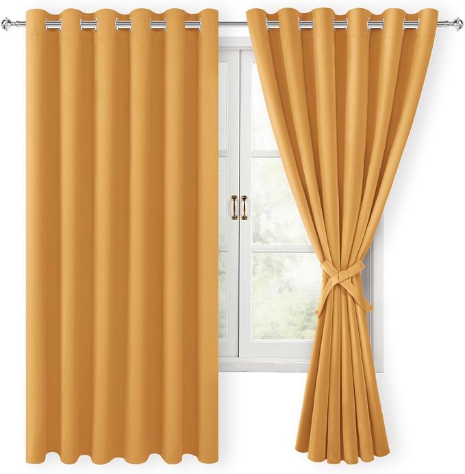 Hiasan Grommet Blackout Curtains for Bedroom, 70 x 63 Inches - Thermal Insulated & Light Blocking Window Drapes for Living Room/Dorm Room, Set of 2 Panels Sewn with Tiebacks, Pumpkin Orange