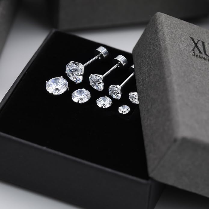 XUU Flat Back Stud Earrings, Implant Grade Titanium Earrings Set for Women, Hypoallergenic 20G Screw Back Earrings for Sensitive Ears, 3–6mm CZ Crystal, Gold Silver Black