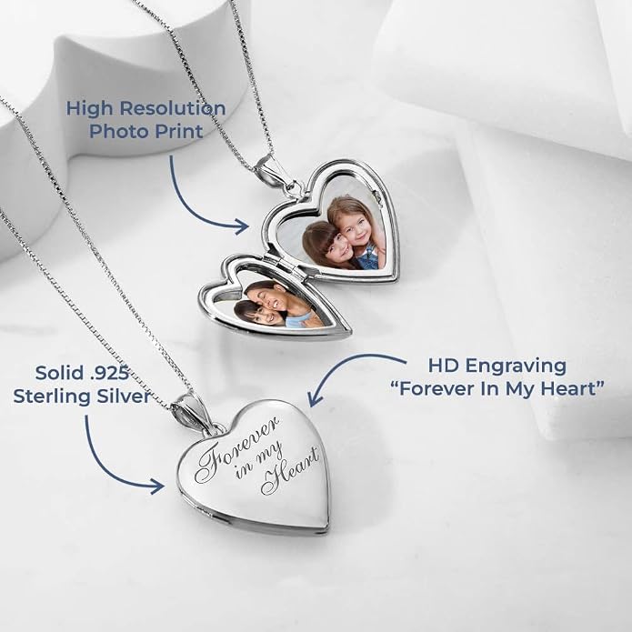 PicturesOnGold.com Forever In My Heart Locket Necklace for Women That Hold Pictures in Silver or Yellow Gold.