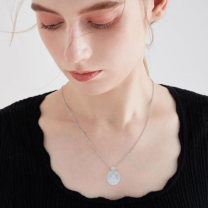Tree of Life Moissanite Necklace, 925 Sterling Silver 0.5 Carat Moissanite Abalone Shell/Opal/Black Onyx/Turquoise/Malachite/Tiger Eye Stone Tree of Life Pendant Necklaces Jewelry Gift for Women Mom