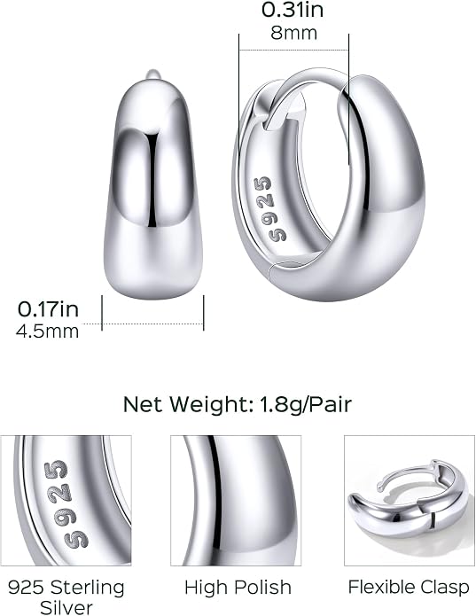 ChicSilver Solid 925 Sterling Silver Chunky Hoop Earrings for Women, Silver Small Thick Huggie Earrings Hypoallergenic Lightweight Silver Hoop Earrings for Sensitive Ears (8/10/12/14mm)