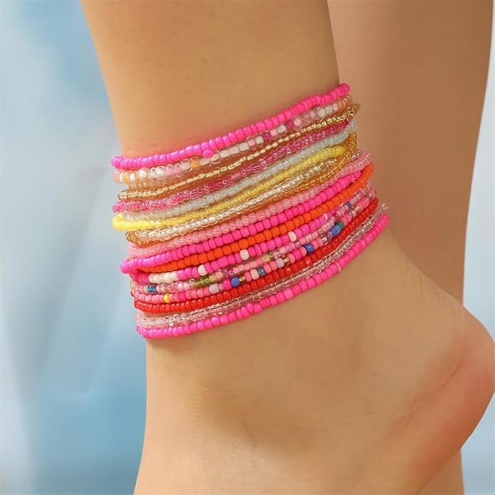 Fuqimanman2020 18Pcs Boho Stackable Beaded Bracelets for Women Colorful Handmade Multilayered Rice Beads Anklets Set Summer Beach Bohemian Jewelry Gift