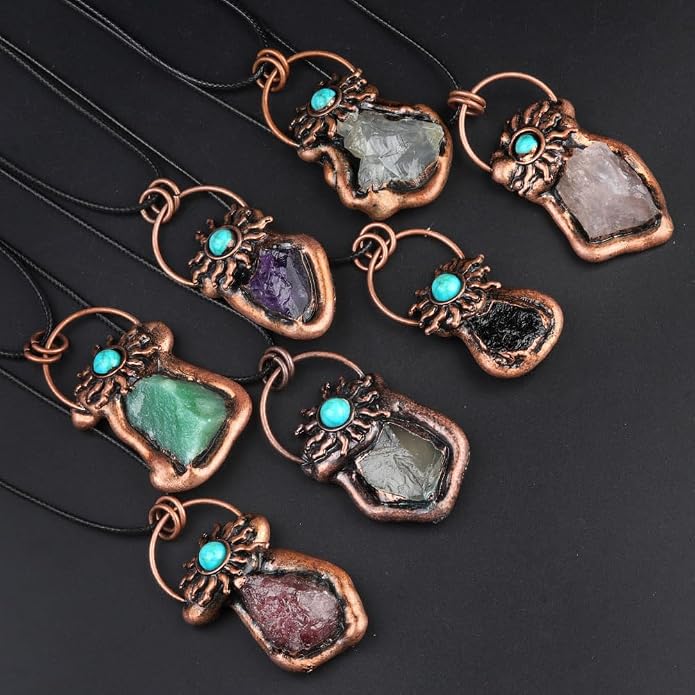 LE SKY 2Pcs Natural Raw Crystal Quartz Pendant Necklaces, Vintage Copper Wrapped Irregular Wire Gemstone Choker, Boho Sun Turquoise Healing Stone Jewelry Gifts for Women