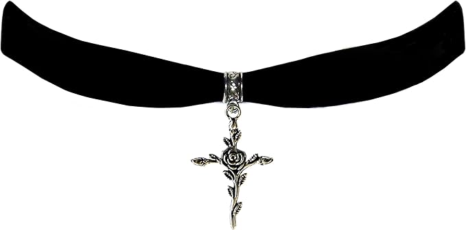 Victorian Vault Black Velvet Cross Rose Choker Steampunk Gothic Pendant Necklace