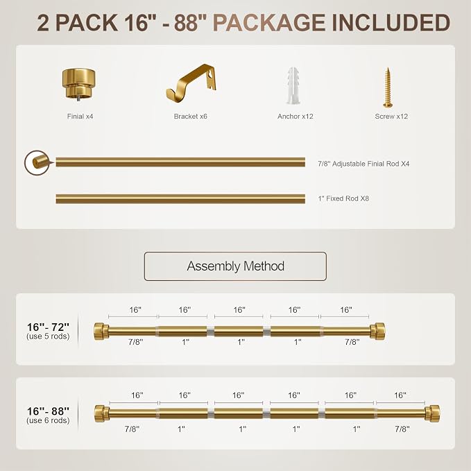Lootkell 2 Pack Modern Gold Curtain Rods for Windows 48 to 84 Adjustable Length Heavy Duty 1" Diameter Brass Window Rod with Solid Metal Finials for Outdoor Farmhouse Bedroom Kitchen Living Room