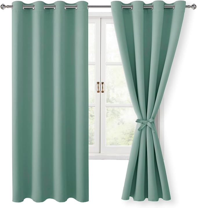 Hiasan Blackout Curtains for Bedroom, 52 x 63 Inches Length - Thermal Insulated & Light Blocking Window Curtains for Living Room, 2 Drape Panels Sewn with Tiebacks, Sage Green