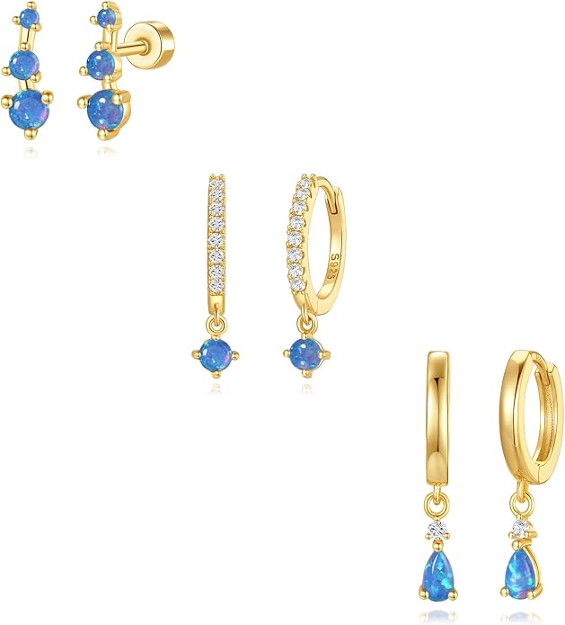 Angelady Opal Earrings Set for Women, Hypoallergenic S925 Sun Stud Earring for Sensitive Ears, Dainty Hoop Huggie Silver Opal Dangle Earring Stacks, Blue Earrings for Women Trendy 2025