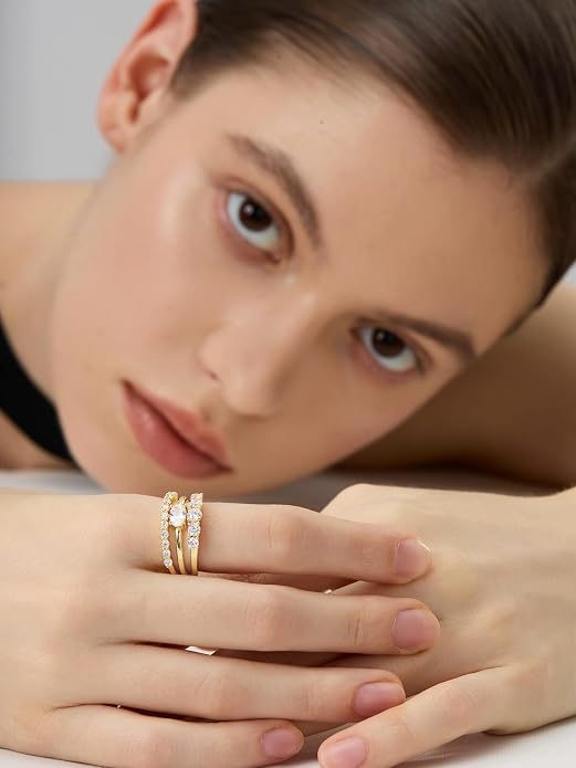 14k Gold Rings For Women,Dainty Chunky Gold Stacking Rings, 3-in-1 One Piece Ring,Trendy CZ & Opal Statement Ring for Women