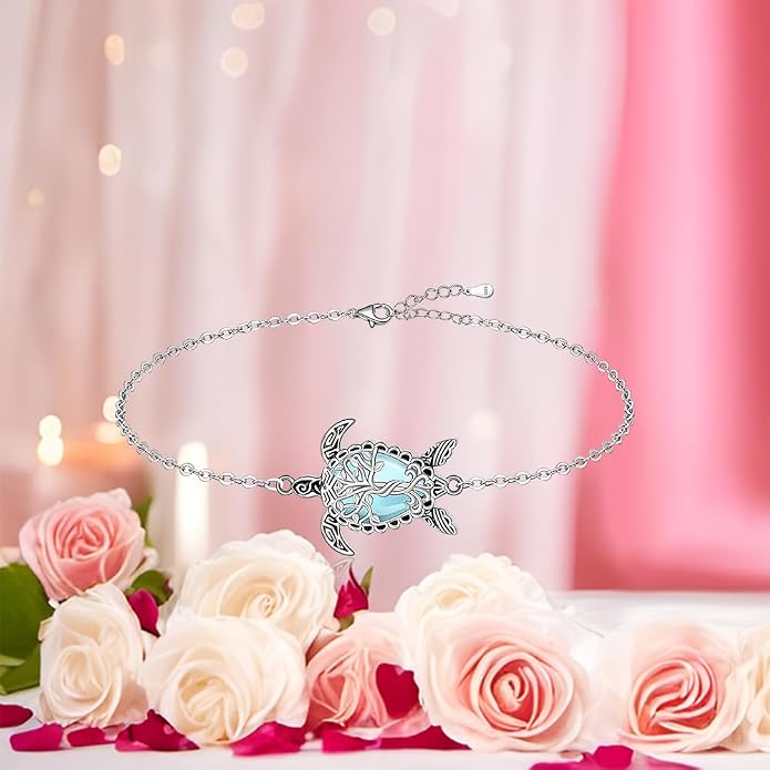 Fenthring Turtle Anklet S925 Sterling Silver Blue Opal Sea Turtle Ankle Bracelets for Women Infinity Wave Ocean Beach Summer Foot Bracelet Jewelry Layered Adjustable