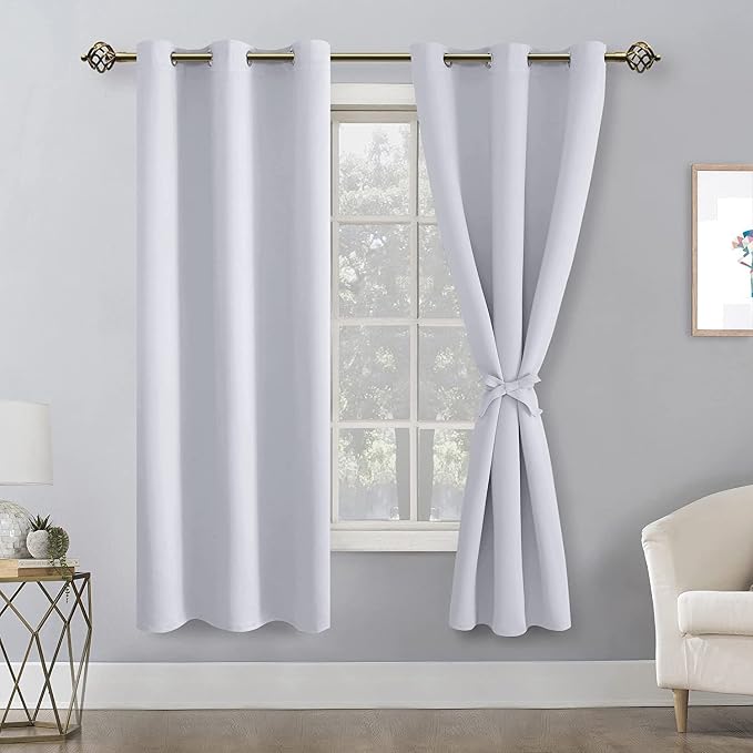 Hiasan Room Darkening Curtains for Bedroom, Noise Reducing, Energy Saving Blackout Window Curtain Panels, Sewn with Tiebacks, Set of 2, Grommet Top (Greyish White, Width 38 Inch x Length 72 Inch)