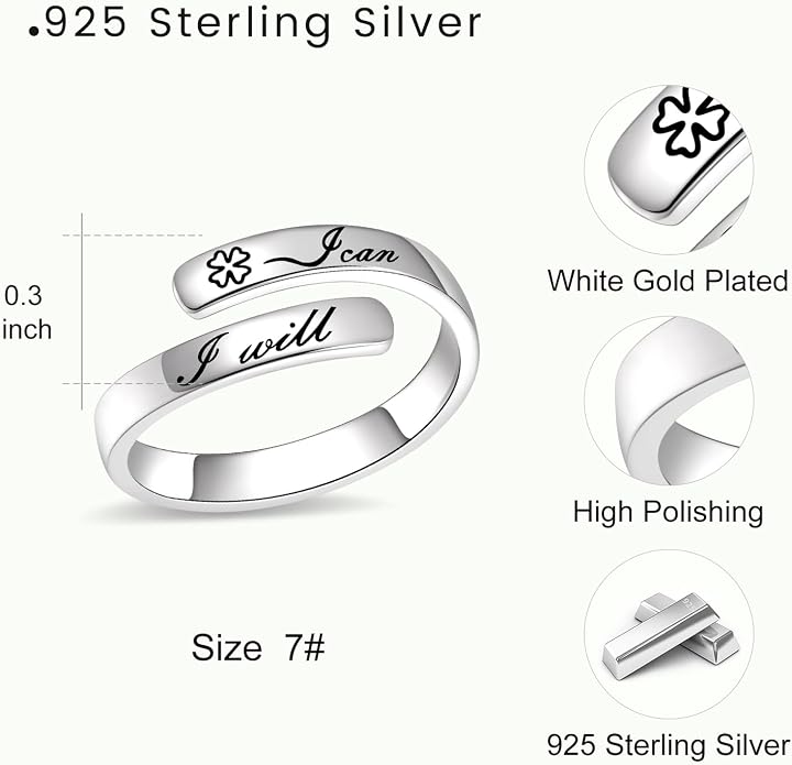 BEILIN 925 Sterling Silver Inspirational Jewelry Rings Adjustable Ring Personality Encouragement Gift for Teens Women