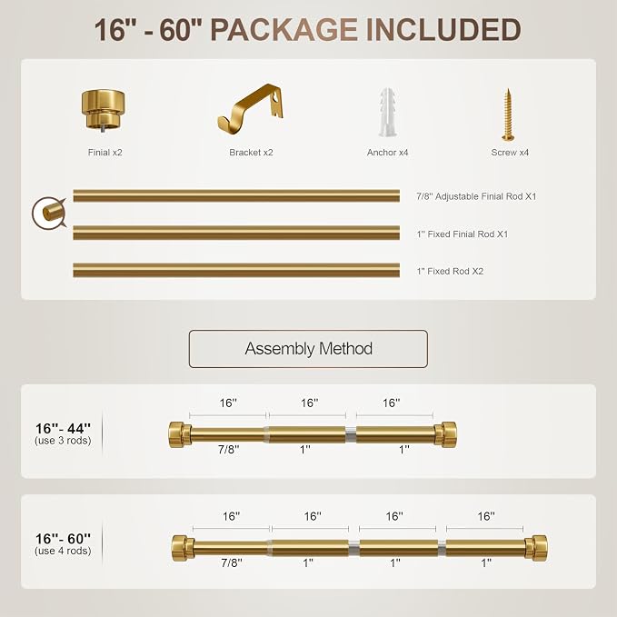 Lootkell Modern Gold Curtain Rods for Windows 16 to 60 Adjustable Length Heavy Duty 1" Diameter Brass Window Curtain Rod with Solid Metal Finials for Outdoor Farmhouse Bedroom Kitchen Living Room