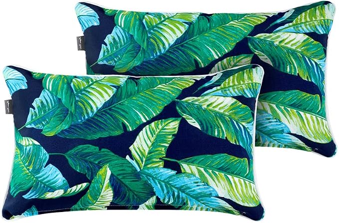 Magpie Fabrics Set of 2 Lumbar Throw Pillow with Insert 12x20 Inch, Outdoor Rectangular Waterproof Home Decorative Toss Cushion for Patio Garden Car Office - Green Lagoon Leaves