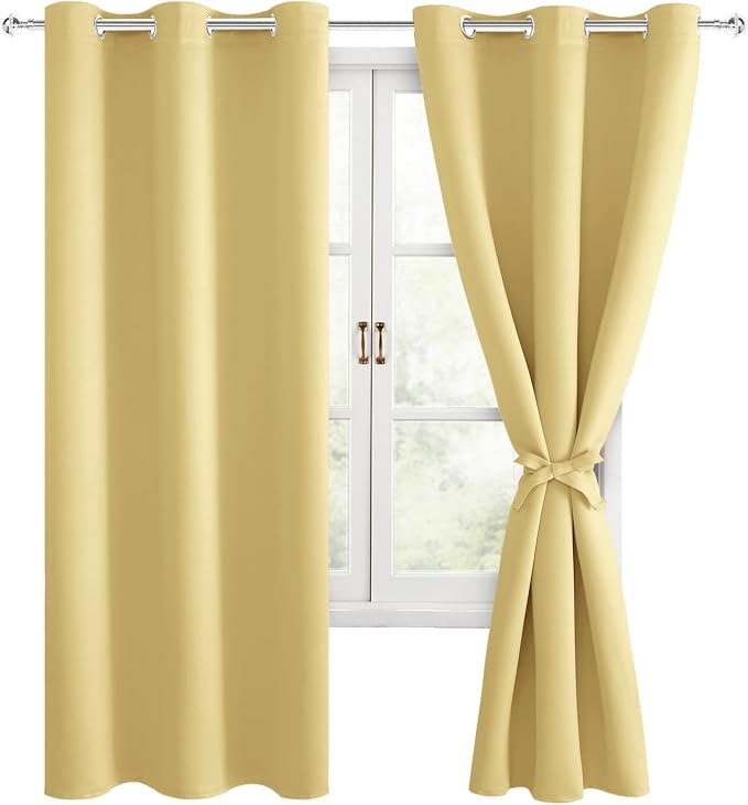 Hiasan Room Darkening Window Curtains for Bedroom, Thermal Insulated, Energy Saving Blackout Curtains, Set of 2 Panels, Sewn with Tiebacks, Grommet Top (Light Yellow, Width 42 Inch x Length 63 Inch)