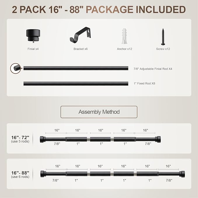 Lootkell 2 Pack Matte Black Curtain Rods for Windows 48-84 Adjustable | Heavy Duty 1" Window Curtain Rod,Solid Metal Finials,Modern Design,Fits Outdoor,Kitchen,Bedroom,Living Room,Farmhouse,Patio