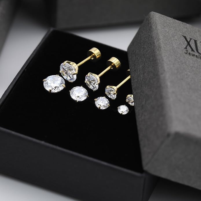 XUU Flat Back Stud Earrings, Implant Grade Titanium Earrings Set for Women, Hypoallergenic 20G Screw Back Earrings for Sensitive Ears, 3–6mm CZ Crystal, Gold Silver Black