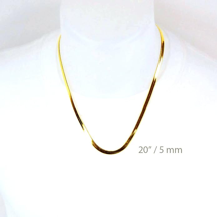 Men's Women's Flat Flexible Shine Herringbone Chain Necklace 14kt Gold Plated sized 20"