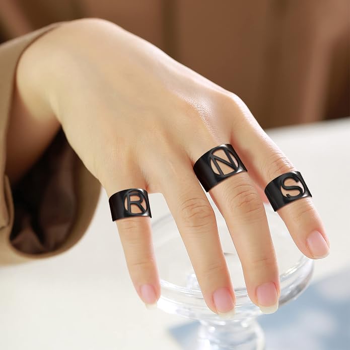 KeyStyle Bold Initial Letter Rings Adjustable, GoldChic Jewelry Women Gold Statement Ring Personalized Engraved Women’s Open Signet Ring for Party (Gold, White Gold, Black)