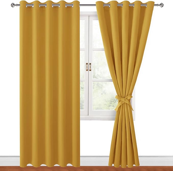 Hiasan Blackout Curtains for Bedroom, 60 x 84 Inches Long - Thermal Insulated & Light Blocking Window Curtains for Living Room, 2 Drape Panels Sewn with Tiebacks, Mustard Yellow
