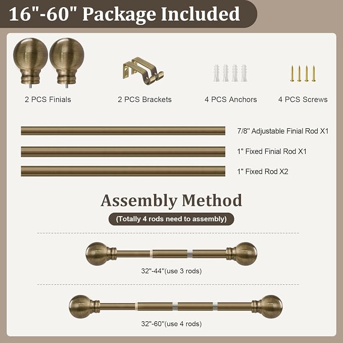 Antique Bronze Curtain Rods for Windows 28 to 48 Inch 1" Diameter | Adjustable Heavy Duty Brass Window Curtain Rod with Metal Finials for Living Room Bedroom Farmhouse Kitchen Outdoor