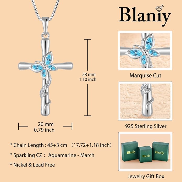 Cross Necklace for Women 925 Sterling Silver Butterfly Necklace Birthstone Pendant Created Gemstone Jewelry Gifts for Women
