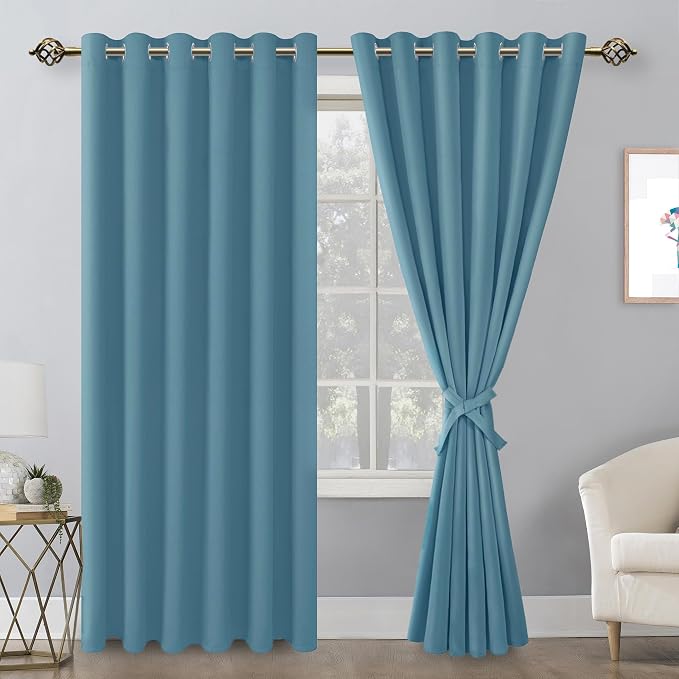 Hiasan Room Darkening Curtains for Bedroom, 70 x 84 Inches - Thermal Insulated & Energy Saving Window Drapes for Living Room/Dorm Room, Set of 2 Panels Sewn with Tiebacks, Stone Blue