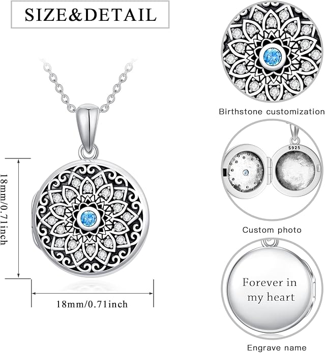Round/Heart/Oval Shape Locket Necklace That Holds Pictures 925 Sterling Silver Personalized Birthstone Photos Engraved Locket Pendant Birthday Memorial Jewelry Gift for Women