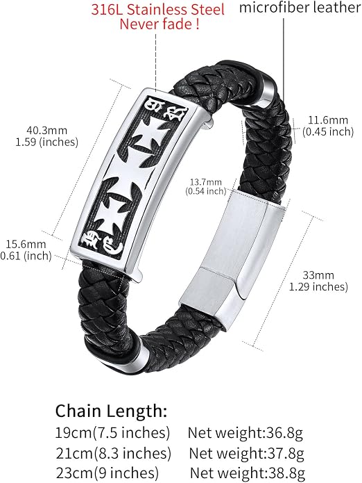 ChainsHouse Mens Wrap Braided Leather Black Bead Bracelets Bangles, Vintage Star of David/Wing Skull/Templar Cross Genuine Leather Bracelet, Customize Available, Size 7.5/8.3/9.0 Inch, Send Gift Box