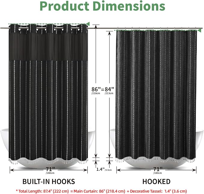eachope No Hook Extra Long Shower Curtain Set with Snap-in Liner,Linen Textured Thick Striped Fabric with Tassels,Boho Chic Modern Farmhouse Bathroom Curtain,Water-Repellent,Black,71x86