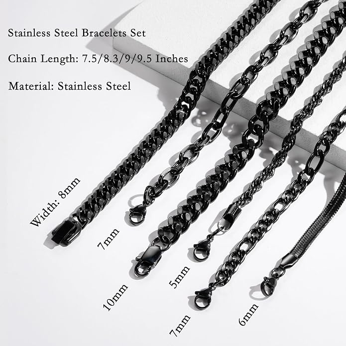 Zocomi 6 Pcs Chain Bracelet for Men, Stainless Steel Cuban Curb Link Rope Paperclip Figaro Herringbone Chain Bracelets Set Jewelry Gifts for Man Woman Boys 7.5/8.3/9 Inches