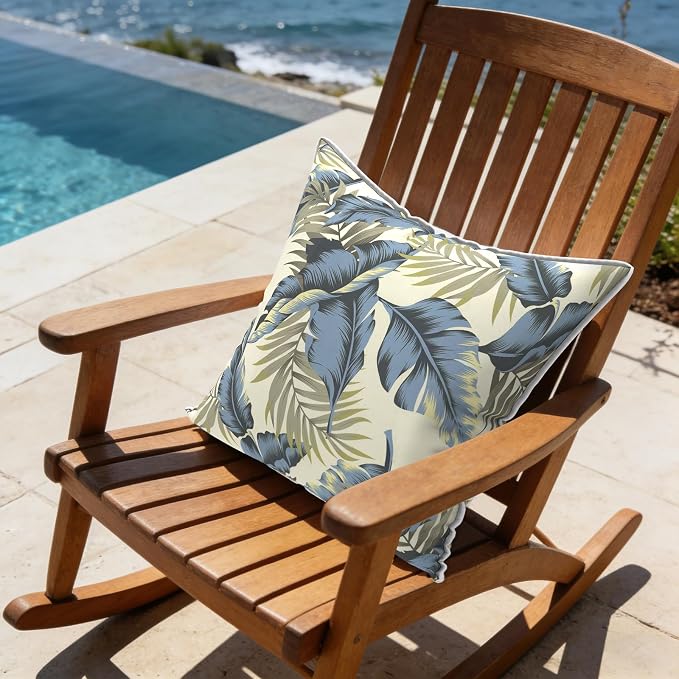 LVTXIII Outdoor Throw Pillows 18x18 Patio Waterproof Square Pillows with Piping Fade Resistant Accent Pillow for Spring Summer Garden Decoration, Set of 2, Lush Palm Blue
