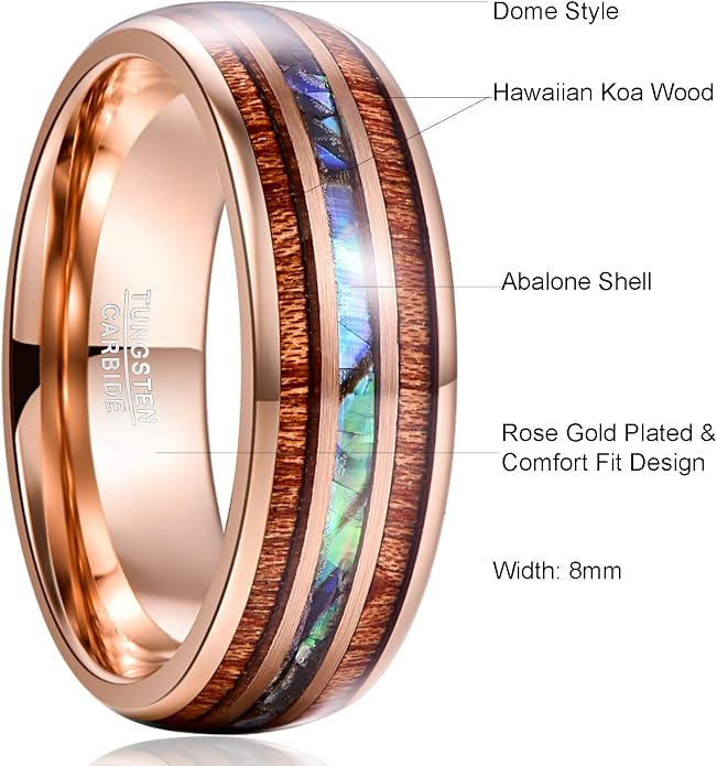 Vakki 6mm/8mm Tungsten Rings for Men Hawaiian Koa Wood Inlay Dome Abalone Shell/Blue Center Wedding Bands Comfort Fit Size 4 to 17