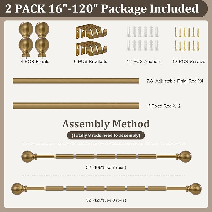 2 Pack Warm Gold Curtain Rods Set for Windows 66 to 120 Inch Brass Long | Adjustable Window Curtain Rod Heavy Duty 1" Diameter with Metal Finials for Living Room Bedroom Farmhouse Kitchen Outdoor