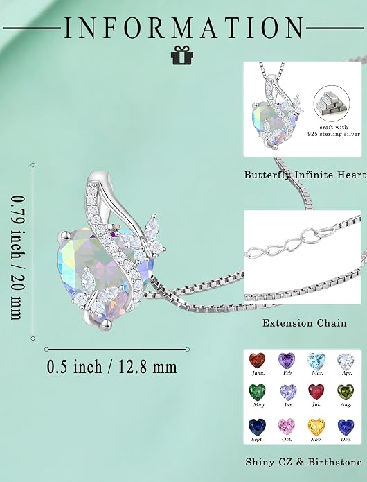Butterfly Necklaces for Women Sterling Silver Infinity Heart Pendant Birthstone Jewelry Gift with 14k Yellow Gold/Rose Gold Plated