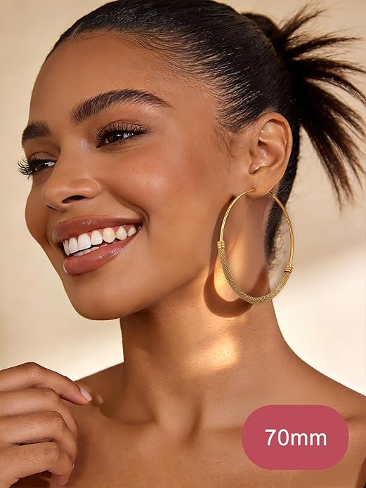 FOCALOOK 14K Gold Plated Hoop Earrings, Lightweight Hypoallergenic Large Stainless Steel Black Hoops Earrings for Women 20/30/40/50/60/70/80mm