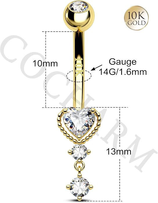 COCHARM 10k Yellow Gold Belly Button Rings Dangling 14G Heart Gold Belly Rings for Women Clear CZ Gold Belly Navel Piercing Jewelry