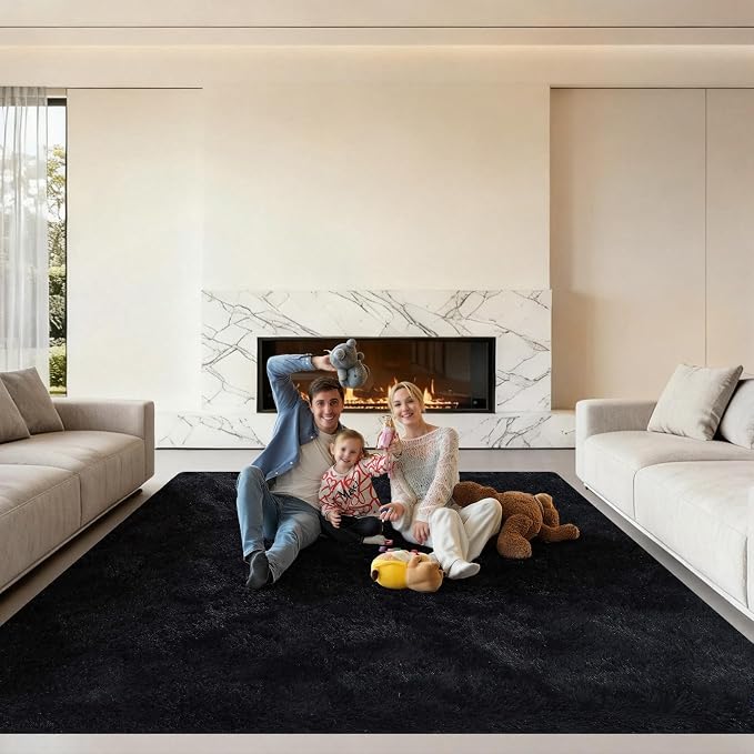 Black Area Rugs 9x12 Living Room, Large Fluffy Rugs for Bedroom, Fuzzy Shag Soft Non-Slip Carpet for Kids Girls and Boys Nursery Dorm Indoor Room Home Decor (9ft X 12ft, Black)