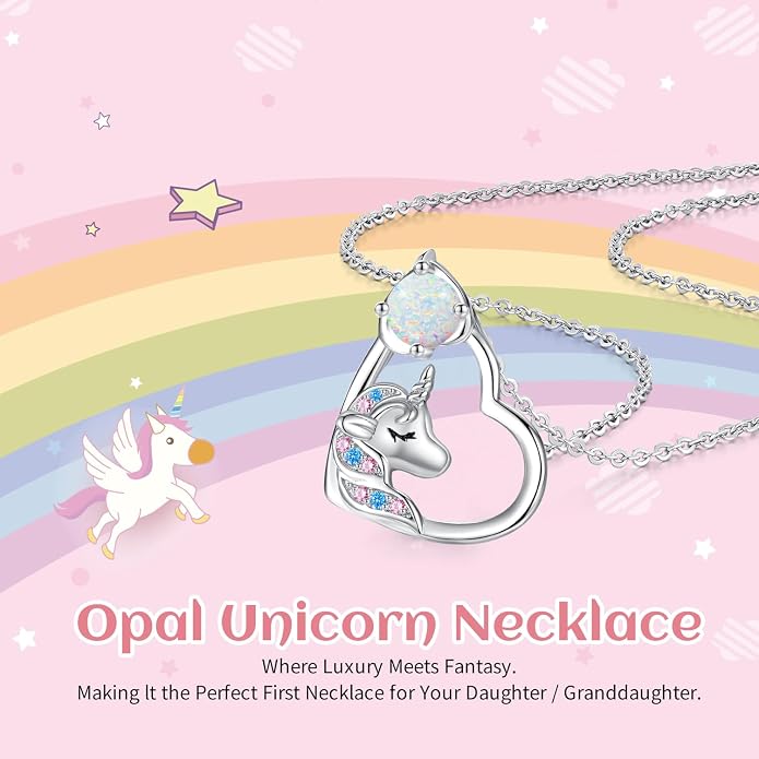 CDE Christmas Gift for women Cute Unicorn Birthstone Necklace for Girls Daughter 925 Sterling Silver Opal Heart Pendant Graduation Birthday Christmas Jewelry Gift for Teenage Girls Niece