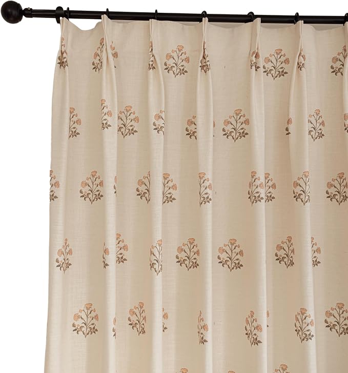 DrapePalette - Linen Blend Pinch Pleated Curtains 84 Inches Long for Living Room, Bedroom, Dining Room, Light Filtering Curtains 2 Panels Set, Modern Floral Printed Design, Beige White, 30" W x 84" L