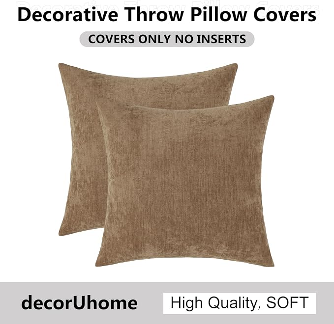 decorUhome Soft Chenille Brown Throw Pillow Covers 20X20 Set of 2 | Decorative Fall Couch Pillow Covers Solid Dyed Accent Modern Farmhouse Neutral Square Pillow Cases for Sofa