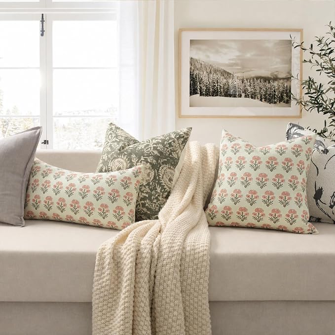 Farmhouse Floral Pillow Covers 20x20 Set of 2, Country Botanical Throw Pillow Cover for Sofa Couch Bed Living Room, Earthic Vintage Flower Cushion Covers Cottage Home Decor,Sage Bloom