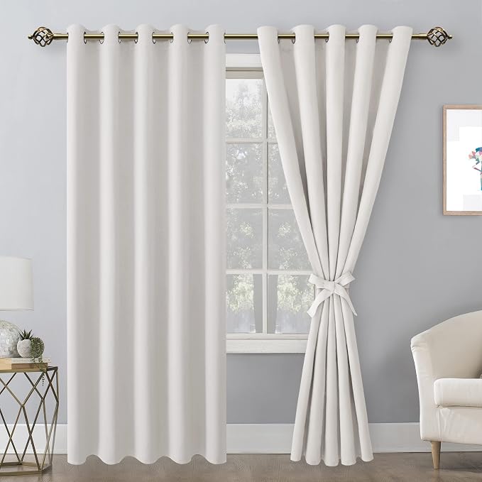 Hiasan Blackout Curtains for Bedroom, 60 x 84 Inches Long - Thermal Insulated & Light Blocking Window Curtains for Living Room/Kids Room, 2 Drape Panels Sewn with Tiebacks, Ivory
